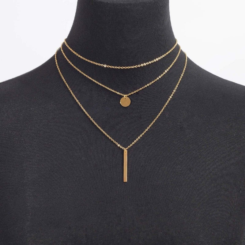 LETTARIUS Disc Bar Pendant Layering Necklace Stainless Steel Layered Chain Choker - Image 2