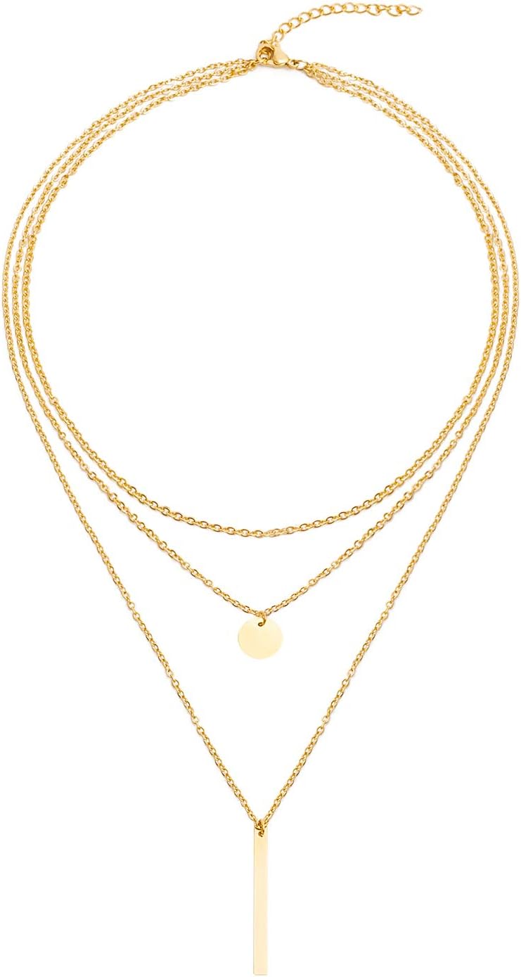 LETTARIUS Disc Bar Pendant Layering Necklace Stainless Steel Layered Chain Choker - Image 1
