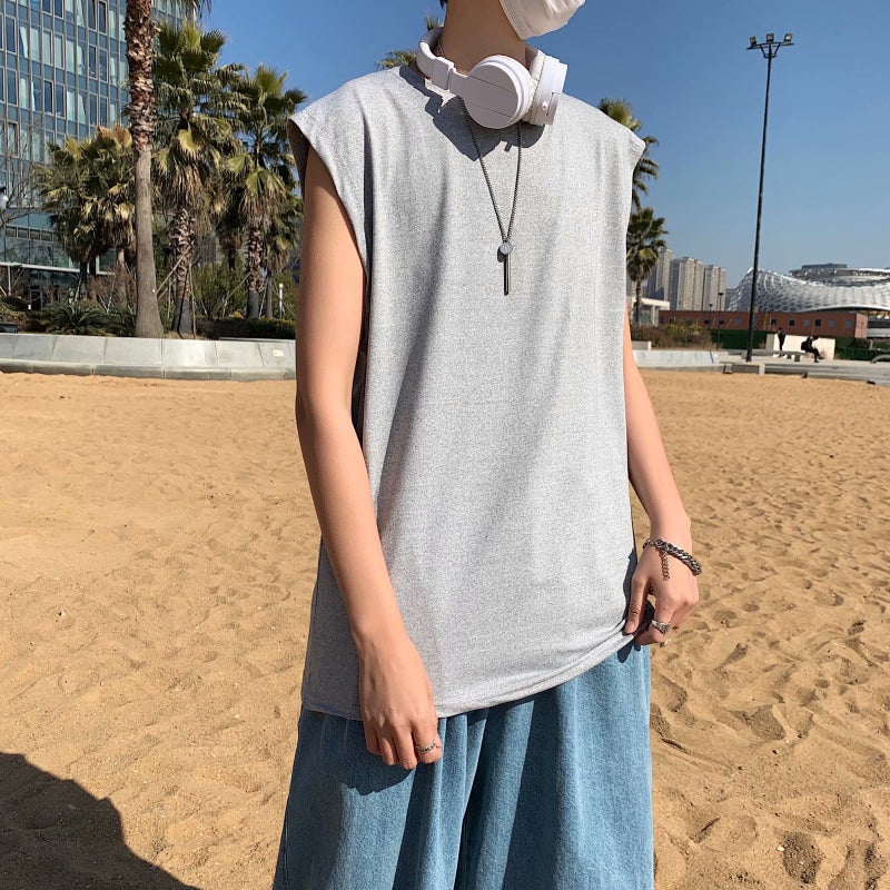 Hong Kong Style ins Summer Trendy Base Shirt Loose Sports Vest Sleeveless T-shirt Men's Korean-style Short-sleeved Outer Wear Solid Color Top - Image 1