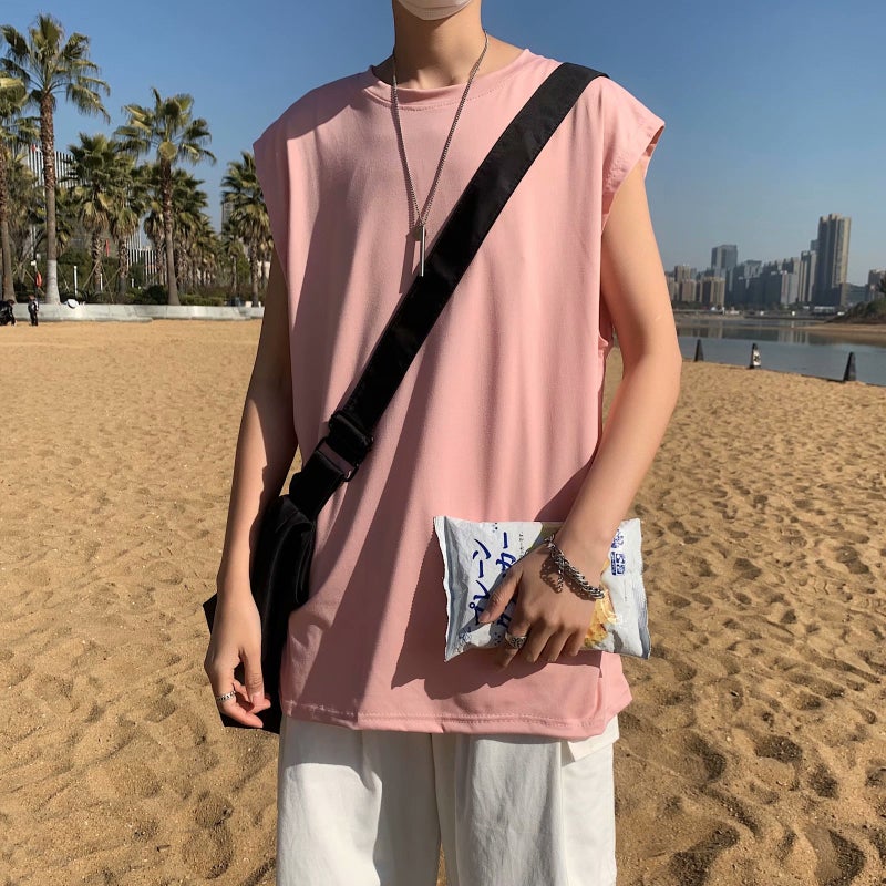 Hong Kong Style ins Summer Trendy Base Shirt Loose Sports Vest Sleeveless T-shirt Men's Korean-style Short-sleeved Outer Wear Solid Color Top - Image 4