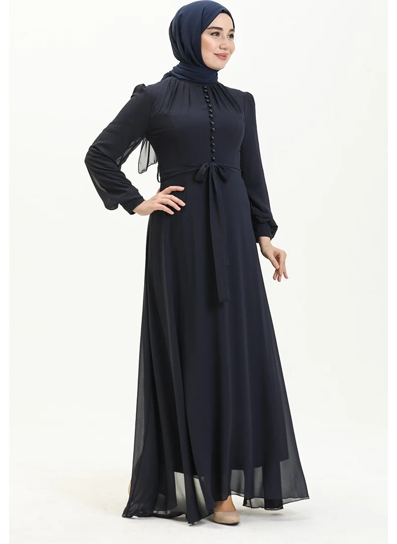 Sefa Merve Button Detailed Chiffon Evening Dress 5695-11 Navy Blue