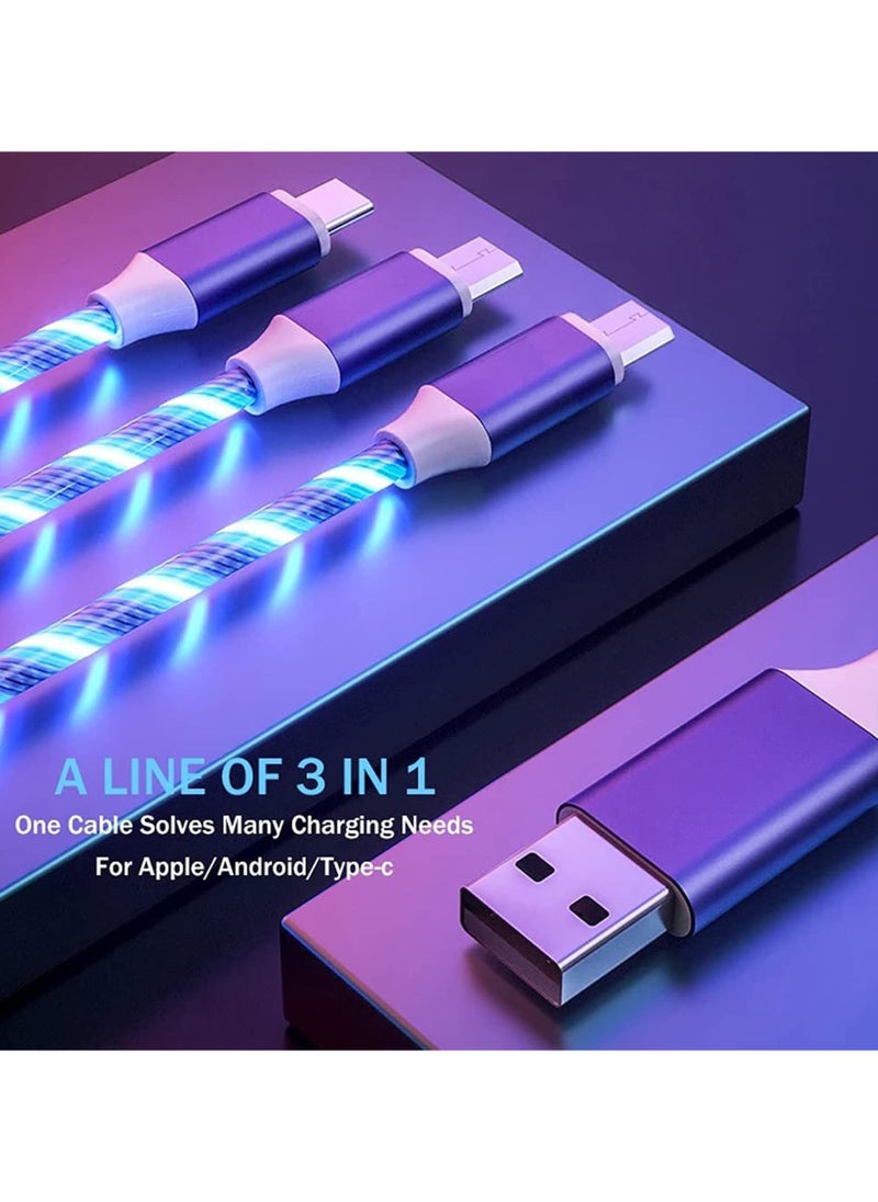 erorex - Multi USB Cable 3 in 1, Blue Led Flowing Charging Cable Shining, Glow in The Dark USB Car Charger Cable, Visible Light Up Led Charger, for iOS Phone Android USB Type C Cable (1.2m) - Image 1