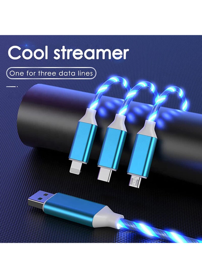 erorex - Multi USB Cable 3 in 1, Blue Led Flowing Charging Cable Shining, Glow in The Dark USB Car Charger Cable, Visible Light Up Led Charger, for iOS Phone Android USB Type C Cable (1.2m) - Image 1