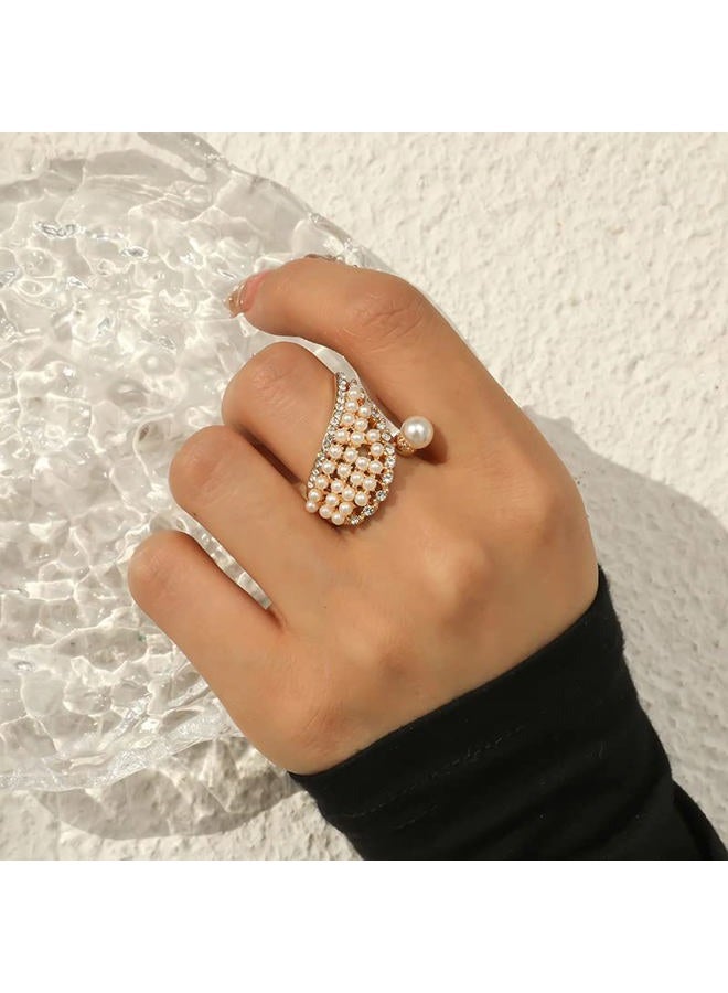 CSIYANJRY99 Vintage Pearl Ring Stacking Promise Pearl Rings Adjustable Open Finger Ring Trendy Personality Statement Jewelry for Women, Adjustable, Metal, No Gemstone - Image 2