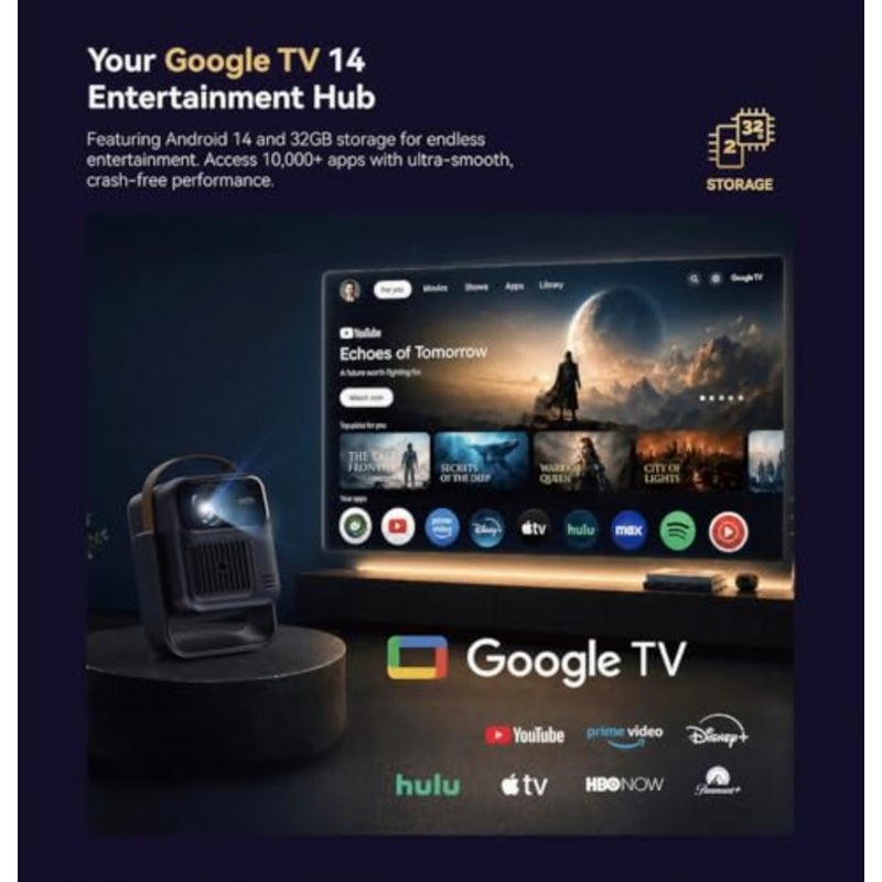 جهاز عرض ToGo Pro Google TV + Android 14 المحمول مع Chromecast + Bluetooth 5.0 ضبط تلقائي للصورة، 1920x1080 FHD 8W DSP Sound 40 200 بوصة، مقبض جلدي للاستخدام الخارجي والداخلي. - Image 4