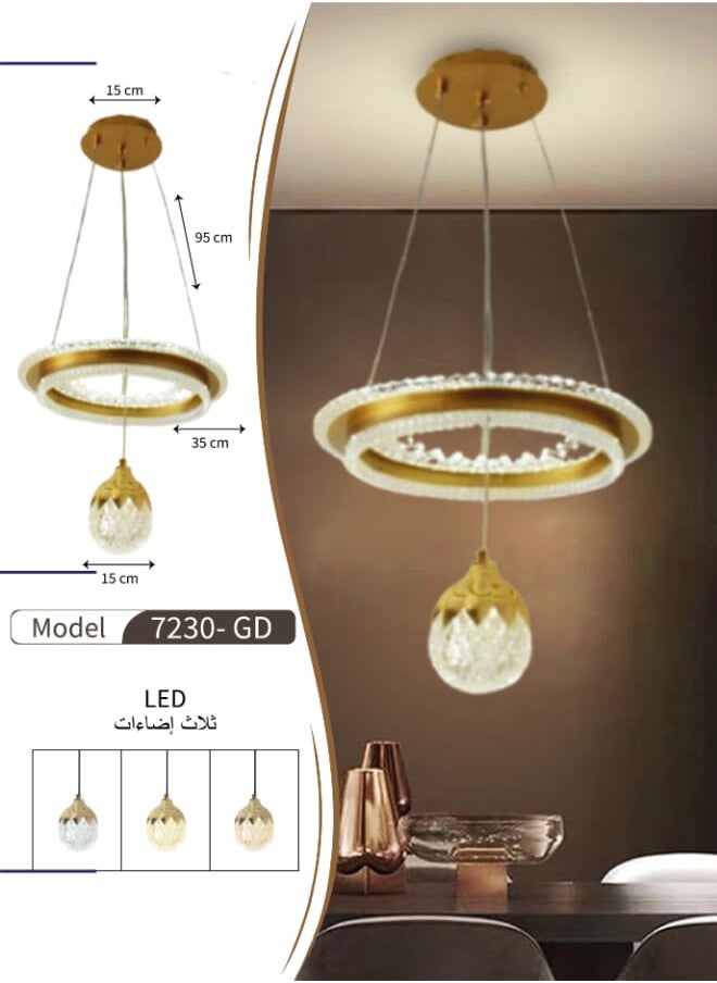 Best Power Luxury Single 7230-1 LED Crystal Chandelier LED Pendant Light with 3-Level Brightness – Elegant Gold Design for Bedrooms and Living Spaces  - Image 3