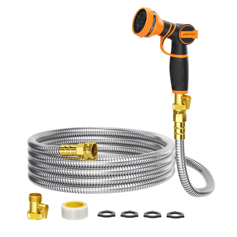 Giraffe Tools Garden Hose 25ft x 5/8", 304 Stainless Steel Metal Water Hose, No Kink Garden Water Hose with 9 Pattern Spray Nozzle, Flexible, Lightweight, Kink Free Hose for Yard, Outdoor - Image 1