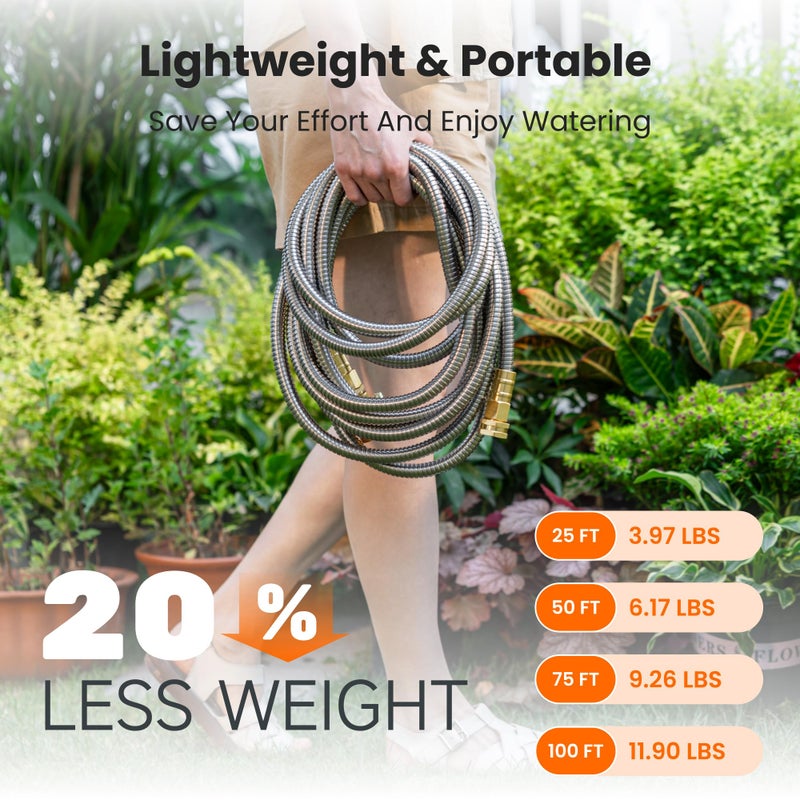 Giraffe Tools Garden Hose 25ft x 5/8", 304 Stainless Steel Metal Water Hose, No Kink Garden Water Hose with 9 Pattern Spray Nozzle, Flexible, Lightweight, Kink Free Hose for Yard, Outdoor - Image 4