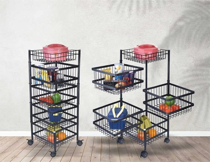 JUICIQ Collapsible Metal 5 Layer Stackable Kitchen Rotating Trolley Portable Storage Rack Fruits and Vegetable Onion Cutlery Spice Jars Basket Organizer Stand for Kitchen Black 5 Layer - Image 1
