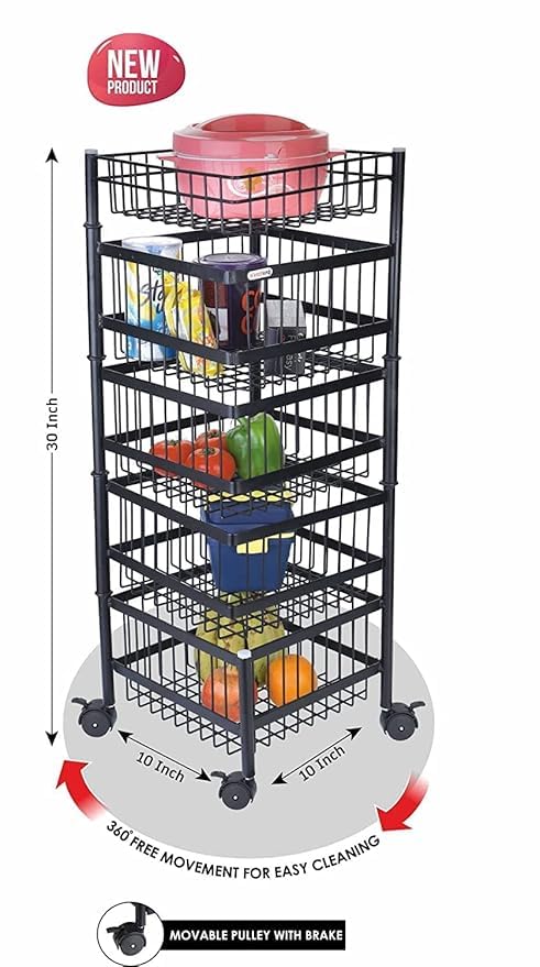JUICIQ Collapsible Metal 5 Layer Stackable Kitchen Rotating Trolley Portable Storage Rack Fruits and Vegetable Onion Cutlery Spice Jars Basket Organizer Stand for Kitchen Black 5 Layer - Image 5