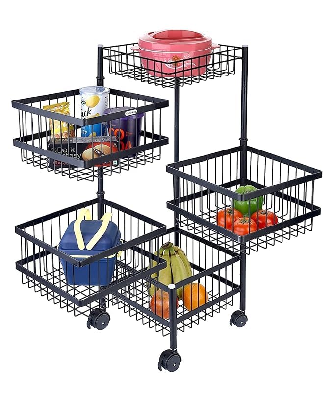JUICIQ Collapsible Metal 5 Layer Stackable Kitchen Rotating Trolley Portable Storage Rack Fruits and Vegetable Onion Cutlery Spice Jars Basket Organizer Stand for Kitchen Black 5 Layer - Image 2