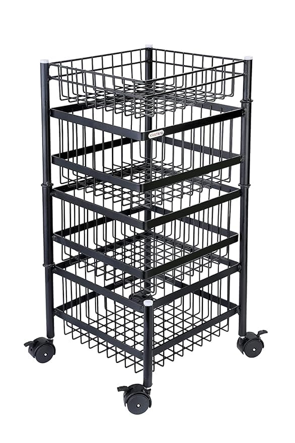 JUICIQ Collapsible Metal 5 Layer Stackable Kitchen Rotating Trolley Portable Storage Rack Fruits and Vegetable Onion Cutlery Spice Jars Basket Organizer Stand for Kitchen Black 5 Layer - Image 3