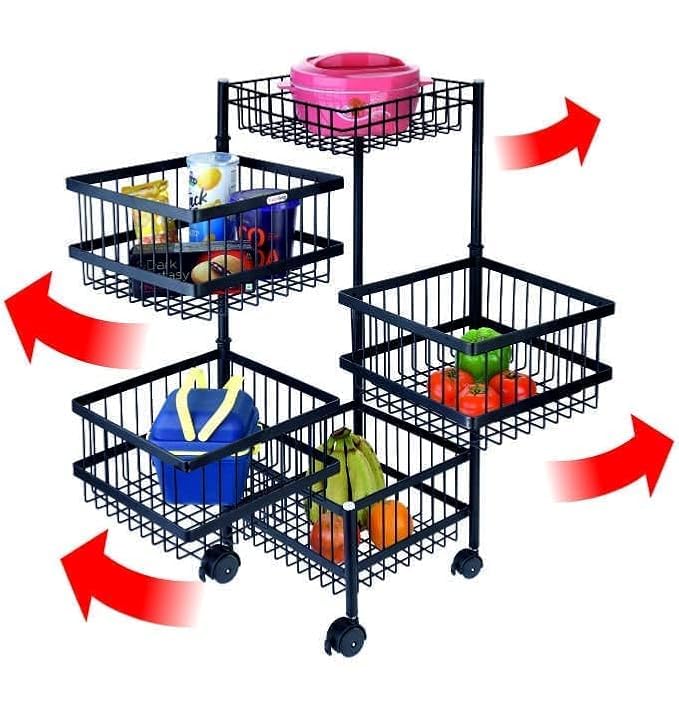 JUICIQ Collapsible Metal 5 Layer Stackable Kitchen Rotating Trolley Portable Storage Rack Fruits and Vegetable Onion Cutlery Spice Jars Basket Organizer Stand for Kitchen Black 5 Layer - Image 4