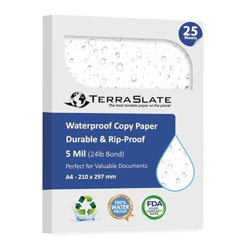 TerraSlate Waterproof Laser Printer Paper – Rip-Proof, Weatherproof, 5 Mil (24lb Bond), A4 Size 210 x 297 mm, 25 Sheets, White, Synthetic Paper for Outdoor Use - Image 1