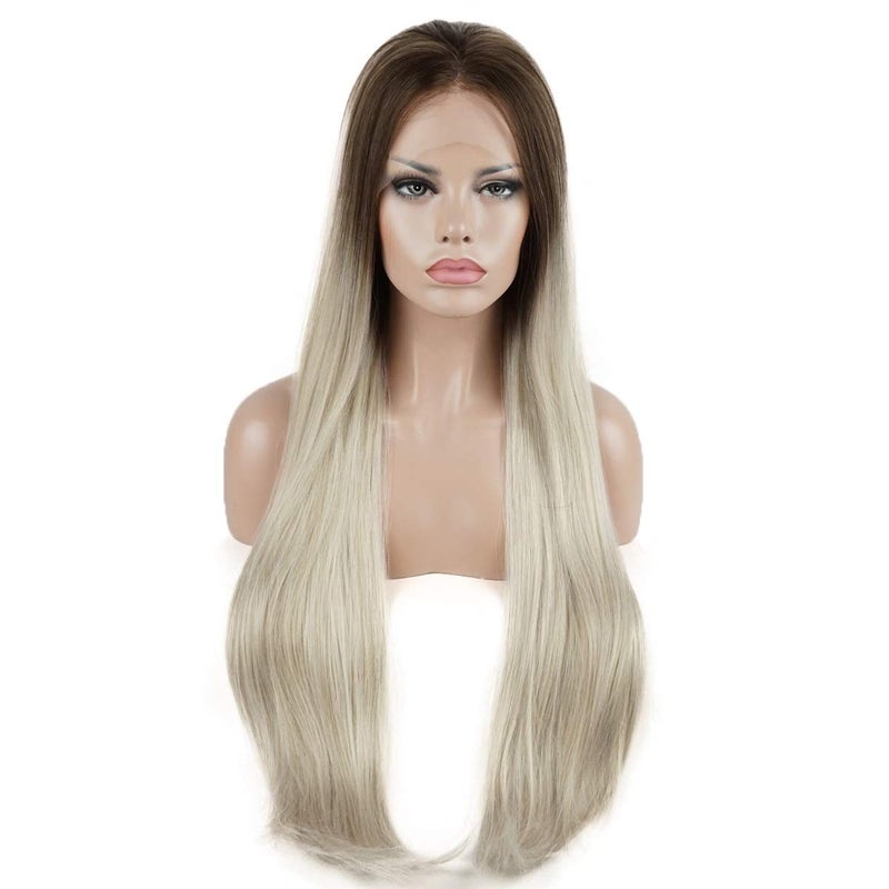 Lushy Synthetic Lace Front Wig Straight Extra Long Dark Root Light Blonde Ombre Half Hand Tied Heat Resistant Heavy Density Wigs