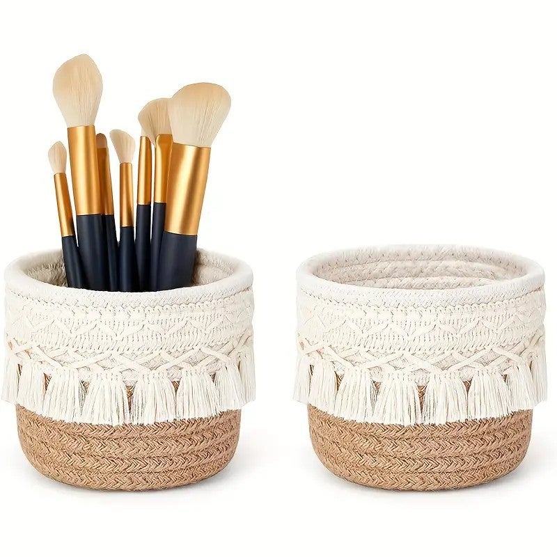 Round Woven Cotton Storage Basket Desktop Organizer - Image 2