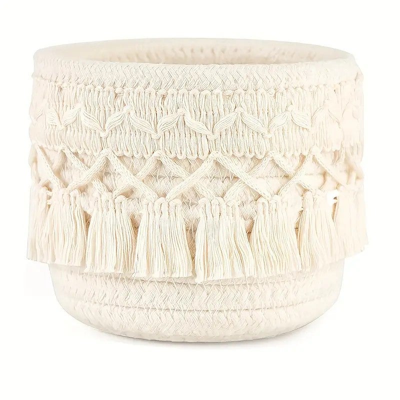 Round Woven Cotton Storage Basket Desktop Organizer - Image 1