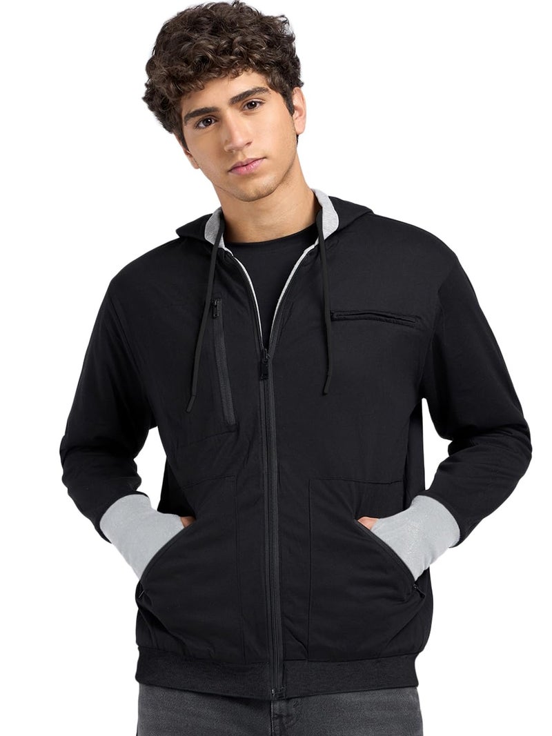 Bewakoof Men's Solid Regular Fit Full Sleeve Cotton Blend Reversible Zipper Airport Hoodies_685554_Black_L - Image 5