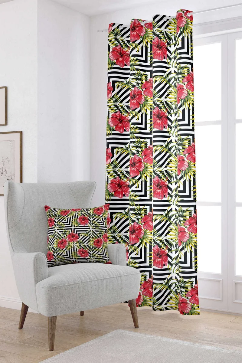 Cango Home White Multicolored Bird Figured Digital Printed Curtain OTYK600-PR
