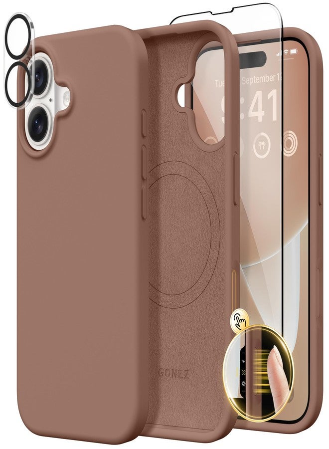 GONEZ Magnetic for iPhone 16 Case, Compatible with MagSafe, [Screen Protector + Camera Lens Protector], Liquid Silicone Shockproof Protective Phone Case for iPhone 16 6.1", Brown - Image 1