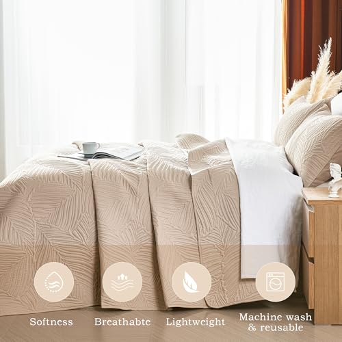 OARAGE Twin Quilt Bedding Set Soft Lightweight Beige Bedspread with Leaf Pattern Ultrasonic Microfiber Bed Coverlet for All Season (1 Quilt,1 Sham) - Image 3