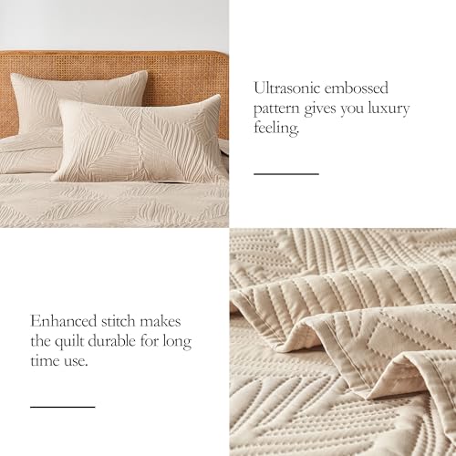 OARAGE Twin Quilt Bedding Set Soft Lightweight Beige Bedspread with Leaf Pattern Ultrasonic Microfiber Bed Coverlet for All Season (1 Quilt,1 Sham) - Image 5