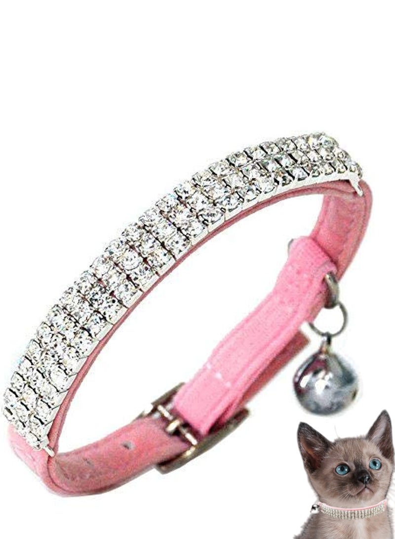 RTYY Adjustable Cat Collar Small Dog Anti-suffocation Collar with Bell Rhinestone Soft Velvet Pet Cat or Small Dog Necklace Pink - Image 1