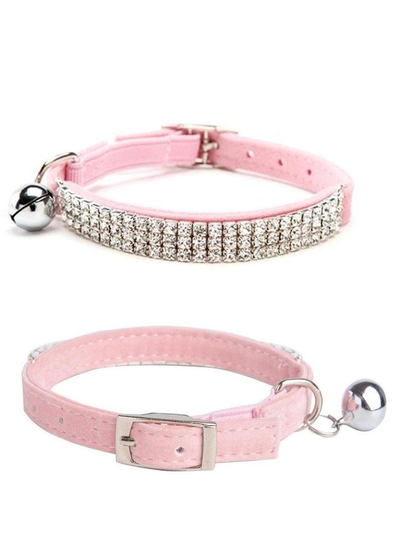 RTYY Adjustable Cat Collar Small Dog Anti-suffocation Collar with Bell Rhinestone Soft Velvet Pet Cat or Small Dog Necklace Pink - Image 2