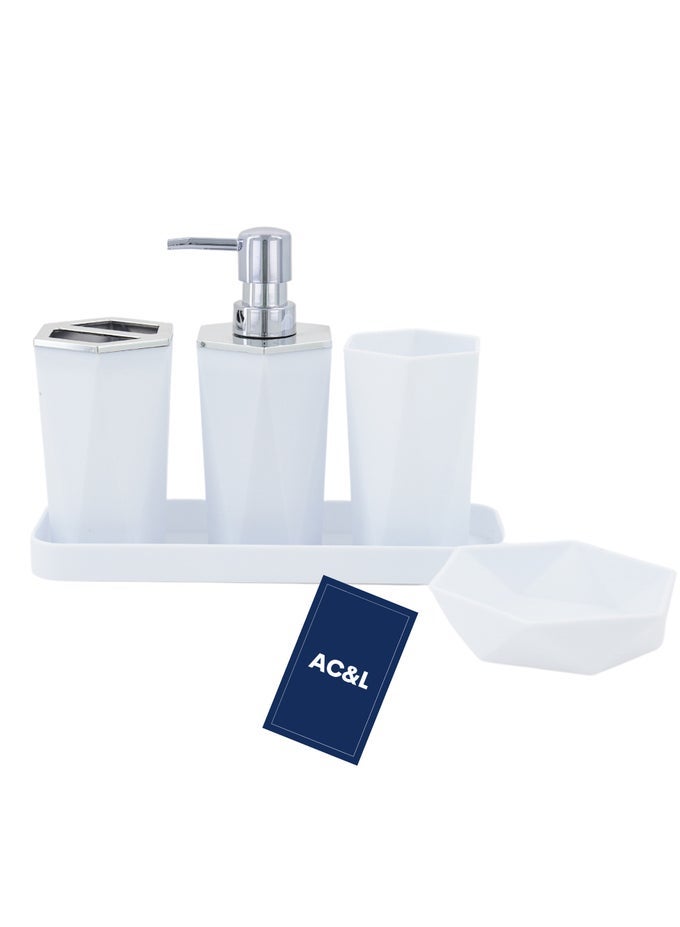 BATHROOM ACCESSORIES SET, 5 PCS PLASTIC BATHROOM COUNTER VANITY SET, LIQUID SOAP DISPENSER, TOOTHBRUSH HOLDER, SOAP DISH, Q TIPS TUMBLER, VANITY TRAY, MODERN BATHROOM DECOR ORGANIZER (WHITE)