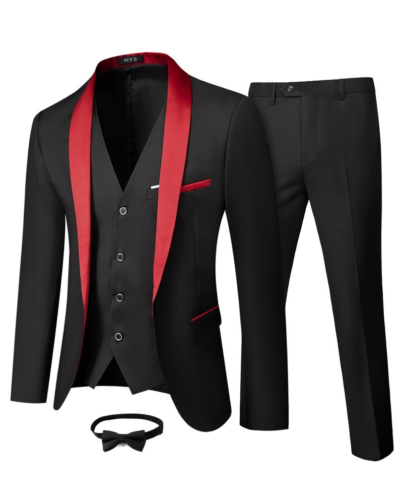MYS Mens 3 Piece Tuxedo Set with Bow Tie Shawl Lapel One Button Jacket Vest Pants Slim Fit Suit Prom Party Wedding Tux RedBlack