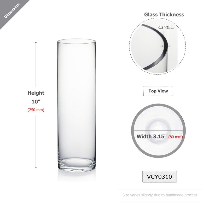WGVI Quality Thick Weighted Clear Cylinder Glass Vases, 3" W x 10" H, Flower Bud Vase Skinny Narrow Floral Bouquet Container for Wedding Centerpieces Tabletop Pen Brush Holder, 1 Piece - Image 2