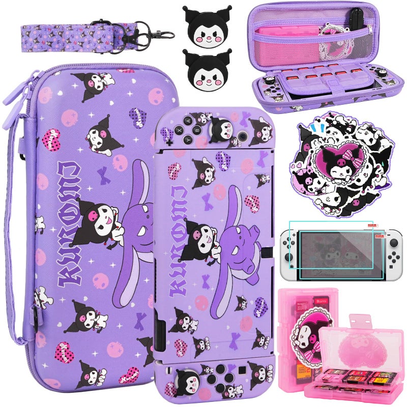 TIKOdirect Carrying Case for Switch OLED Cute Portable Travel Bag in Lovely Pattern Design of Purple Interior with Soft Protective Case Screen Protectors and Thumb Grip caps Purple - Image 2