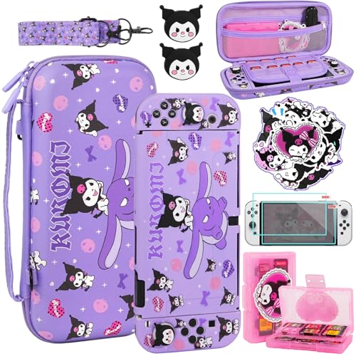 TIKOdirect Carrying Case for Switch OLED Cute Portable Travel Bag in Lovely Pattern Design of Purple Interior with Soft Protective Case Screen Protectors and Thumb Grip caps Purple - Image 1