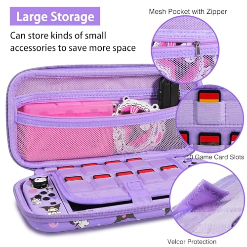 TIKOdirect Carrying Case for Switch OLED Cute Portable Travel Bag in Lovely Pattern Design of Purple Interior with Soft Protective Case Screen Protectors and Thumb Grip caps Purple - Image 3