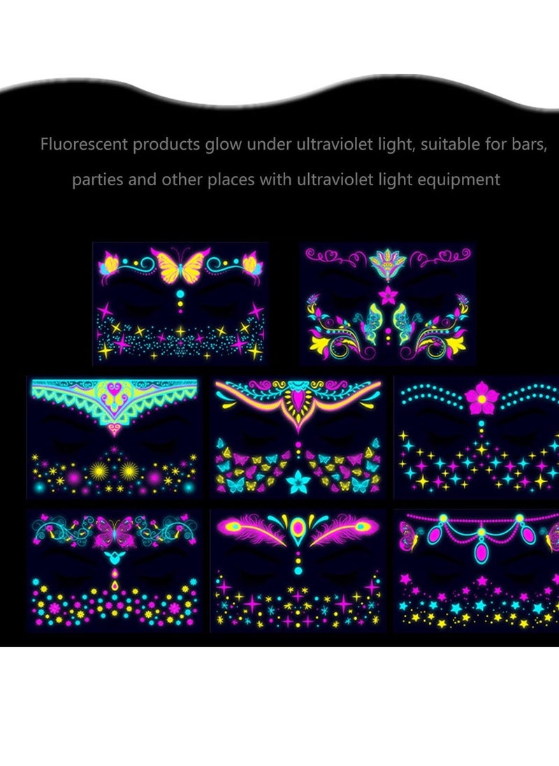 Luminous Face Tattoo Stickers Body Glow in the Dark Fluorescent Face Rhinestone Tattoo Temporary Tattoo Sparkly UV Neon Mask Tattoo Rave Festival Accessory Party (8 PCS) - Image 2