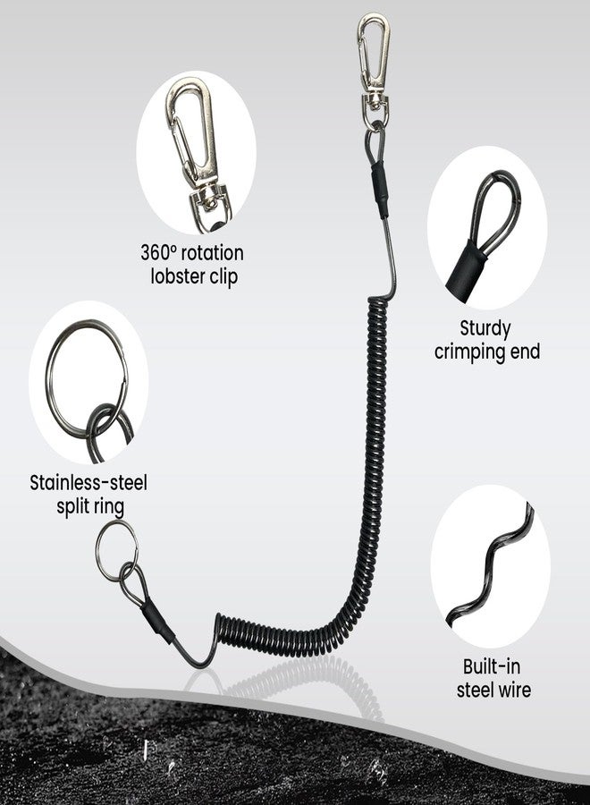 Pristis 6 pcs Fishing Coiled Lanyards, Heavy-Duty Retractable Keychain Pole Tether, Stretchy Safety Leash with Steel Wire & Carabiner, Board Rod Strap Accessory for Tools Gear Kayak, Black & Yellow - Image 2