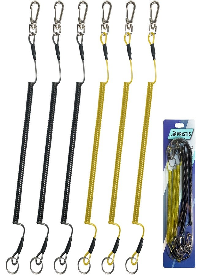Pristis 6 pcs Fishing Coiled Lanyards, Heavy-Duty Retractable Keychain Pole Tether, Stretchy Safety Leash with Steel Wire & Carabiner, Board Rod Strap Accessory for Tools Gear Kayak, Black & Yellow - Image 1