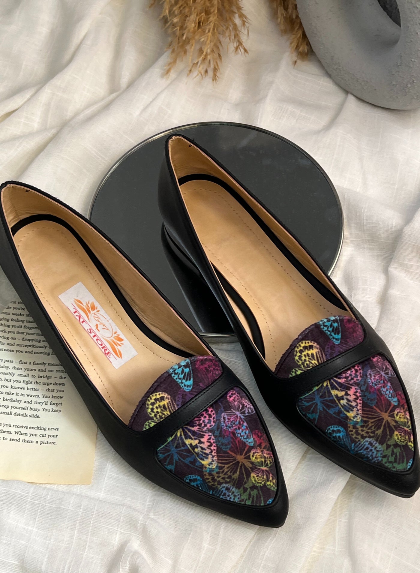 Ballerina Flat Leather with Printed Fabric Part - Black