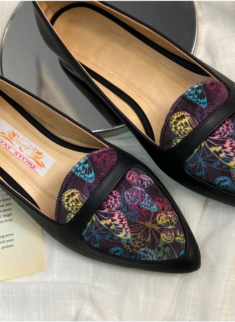Tat Ballerina Flat Leather with Printed Fabric Part - Black  - Image 2
