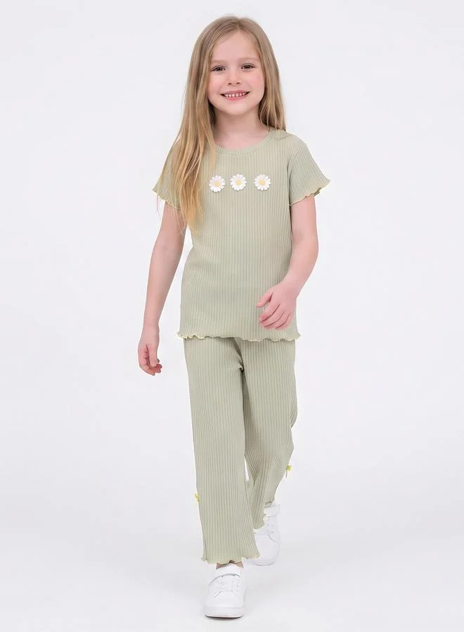 Take Two  Girls Green Ribbed Daisy Top and Pants Set By Juniorloom for Women | Best Price UAE