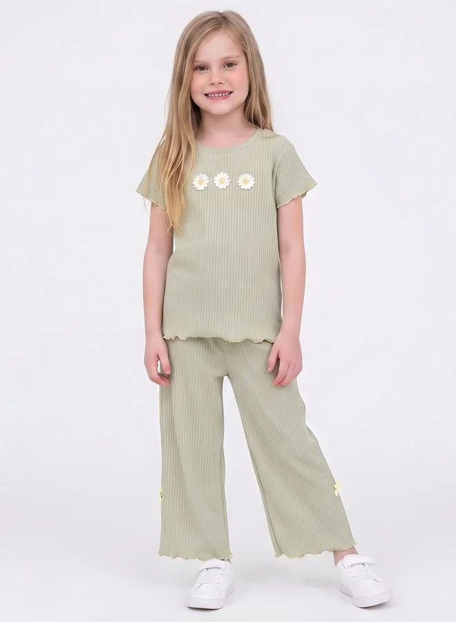 تايك تو Girls Green Ribbed Daisy Top and Pants Set By Juniorloom