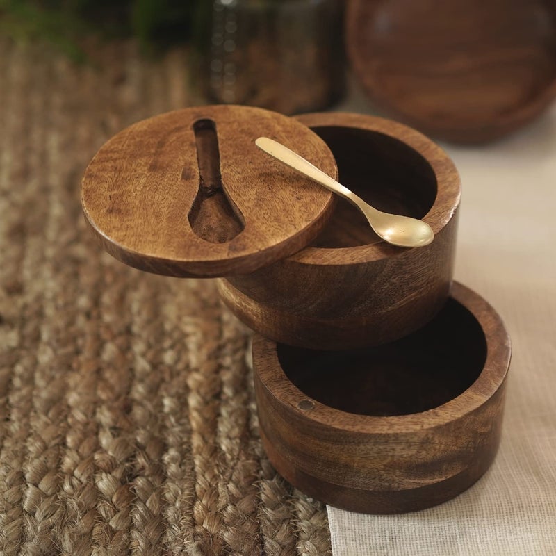 Courtyard Mango Wood Magnetic Fitting Cast Brass Spoon Agaja Swivel Container with Embedded Brass SpoonBrown Gold100 G - Image 1