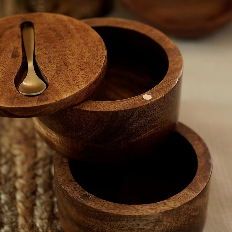 Courtyard Mango Wood Magnetic Fitting Cast Brass Spoon Agaja Swivel Container with Embedded Brass SpoonBrown Gold100 G - Image 3