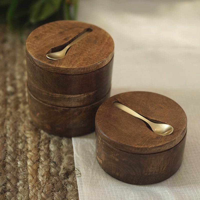 Courtyard Mango Wood Magnetic Fitting Cast Brass Spoon Agaja Swivel Container with Embedded Brass SpoonBrown Gold100 G - Image 2