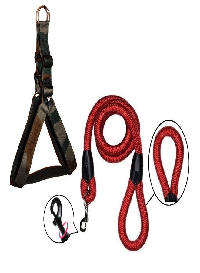 Hachiko:-(Combo of 2) Nylon Padded Adjustable Dog Harness+Rope(Small,Army-Red) - Image 1