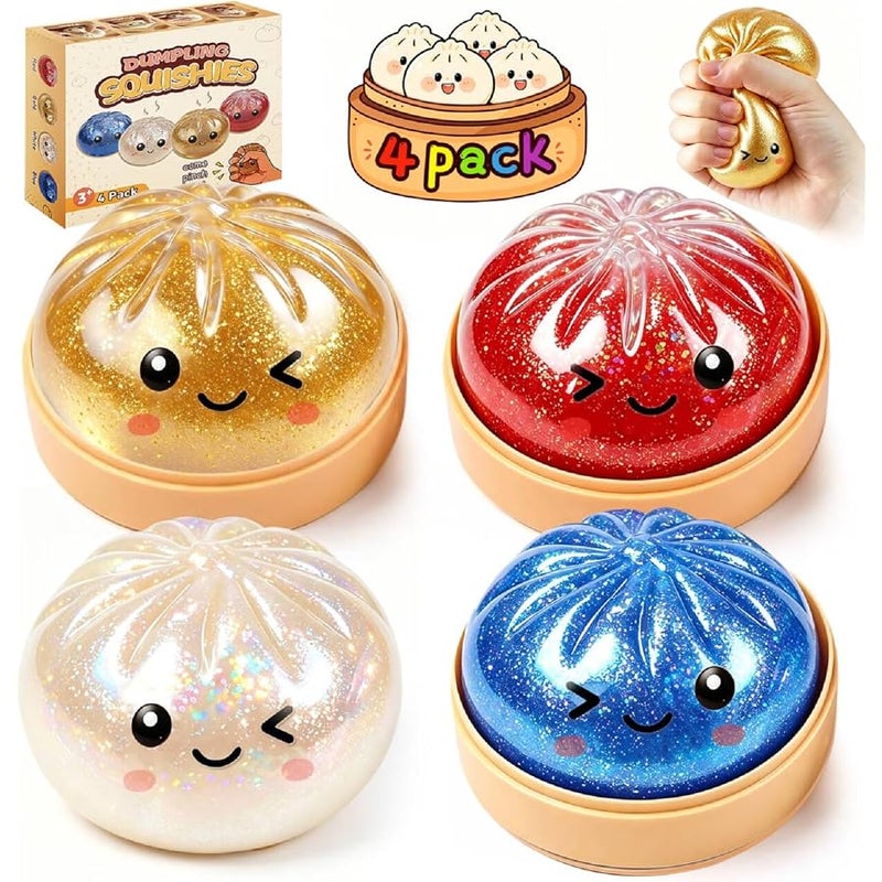 yemyig Dumpling Squishy 4 Pack, Glitter Dumpling Squishy Fidget Sensory Toys, Colorful Dumplings Squishies Stress Balls for Anxiety Relief, Bao Bun Squeeze for Kids Adults Presents - Image 1