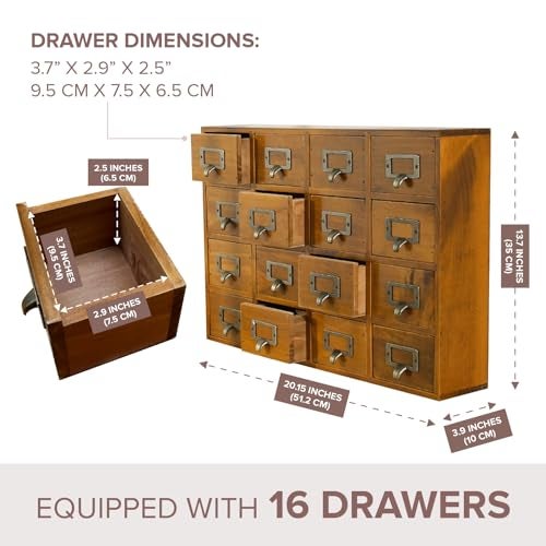 Primo Supply Card Catalog Desk Drawer Organizer - Wooden Storage Box with 16 Drawers - Home Office Desk Organizer Curio Cabinet - Rustic Drawers Dressers for Countertop- Apothecary Cabinet Tea Coffee Pod Storage - Image 2