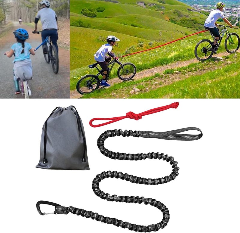klarako Bike Tow Rope Bungee Towing Strap Road MTB Bicycle Pulling Strap Cycling Shock Absorbing with Carabiner Easier Hill Climbs for Kids Women Men Riding - Black - Image 3