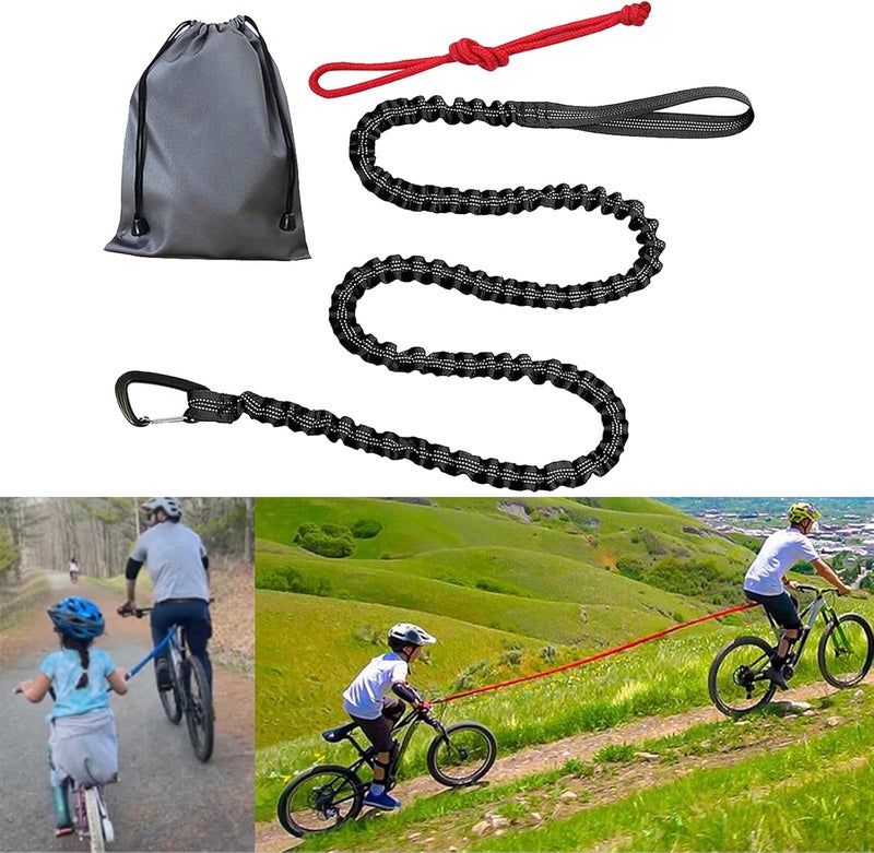 klarako Bike Tow Rope Bungee Towing Strap Road MTB Bicycle Pulling Strap Cycling Shock Absorbing with Carabiner Easier Hill Climbs for Kids Women Men Riding - Black - Image 4