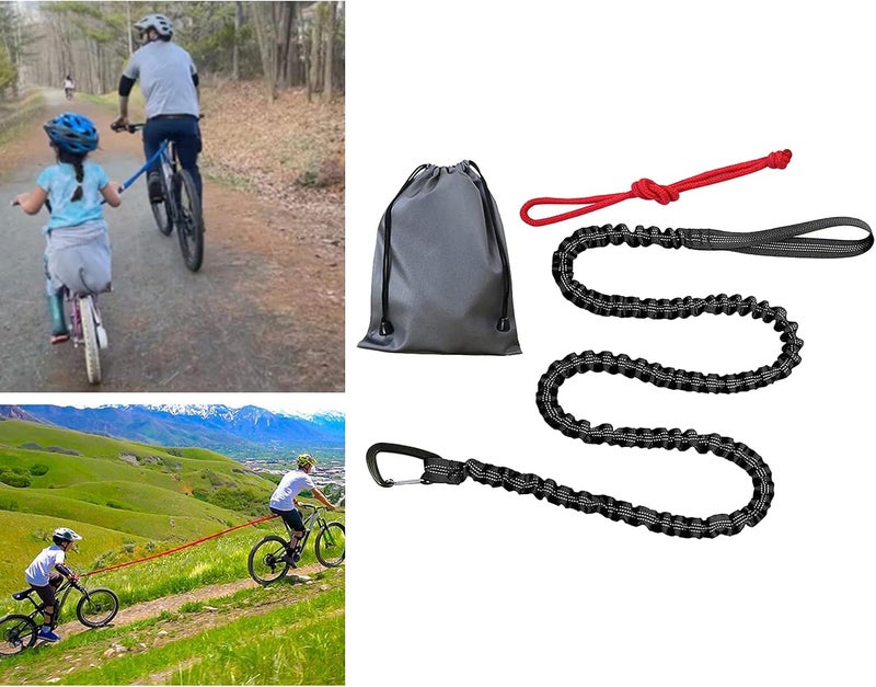 klarako Bike Tow Rope Bungee Towing Strap Road MTB Bicycle Pulling Strap Cycling Shock Absorbing with Carabiner Easier Hill Climbs for Kids Women Men Riding - Black - Image 5